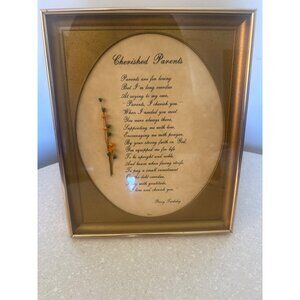 VTG  Framed Cherished Parents Poem With Pressed Flowers & Gold Border